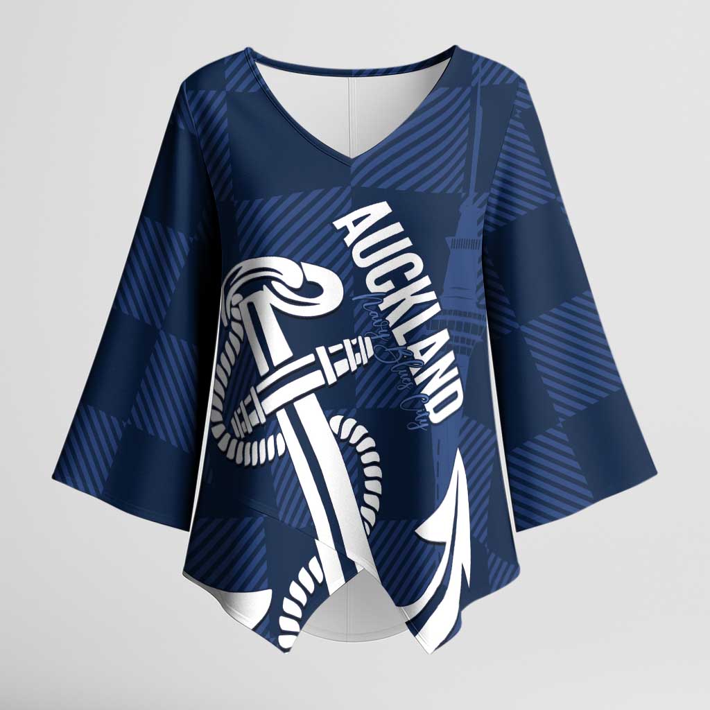 New Zealand Auckland Football Custom Kimono Sleeve Blouse Navy Blue City Anchor Sky Tower Symbol - Polynesian Pride