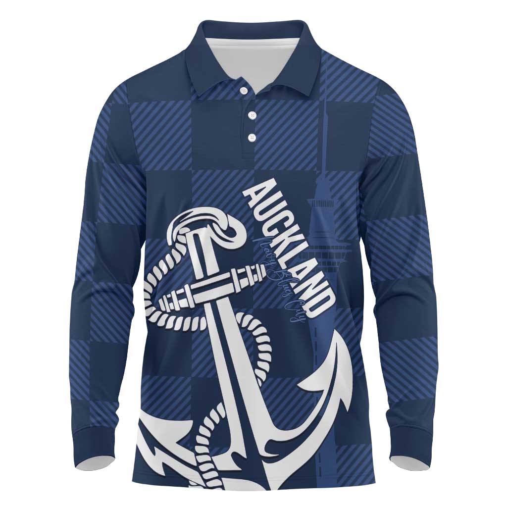 New Zealand Auckland Football Custom Long Sleeve Polo Shirt Navy Blue City Anchor Sky Tower Symbol - Polynesian Pride