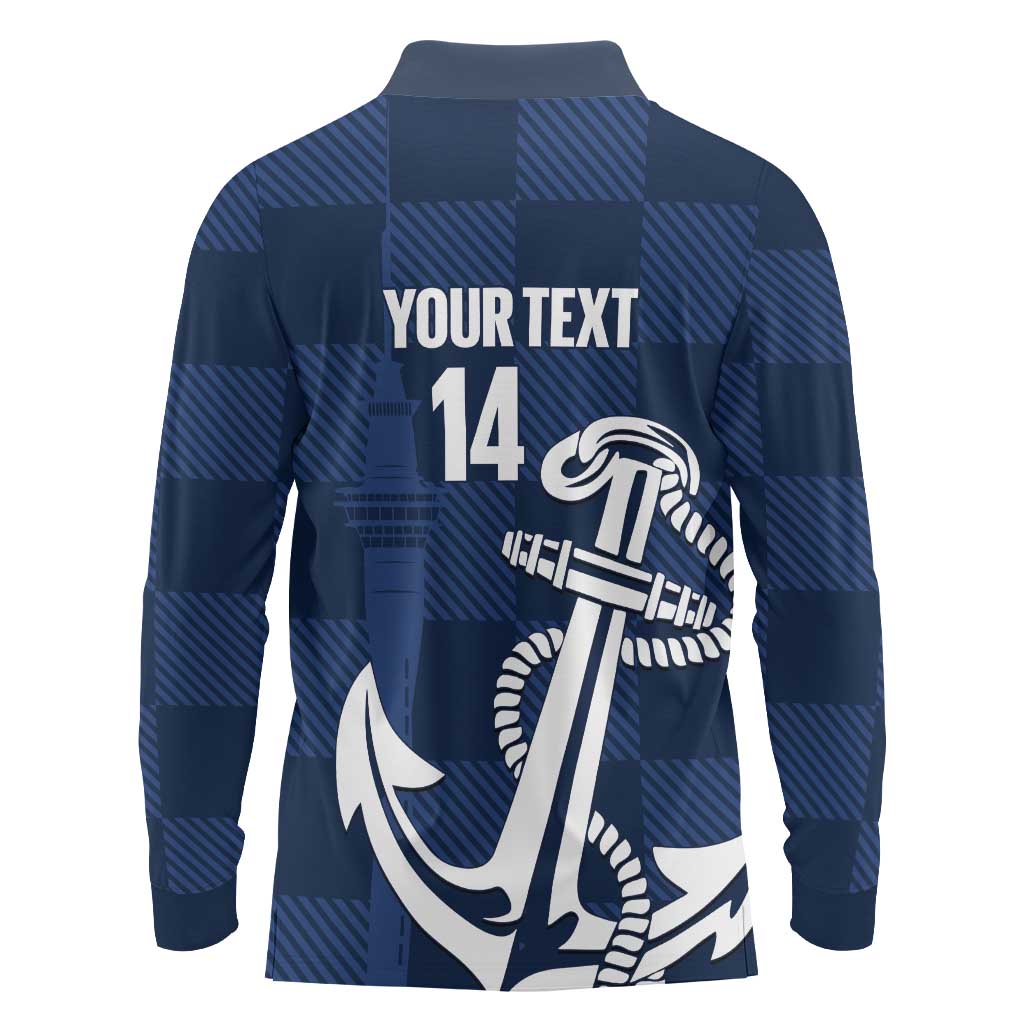 New Zealand Auckland Football Custom Long Sleeve Polo Shirt Navy Blue City Anchor Sky Tower Symbol - Polynesian Pride