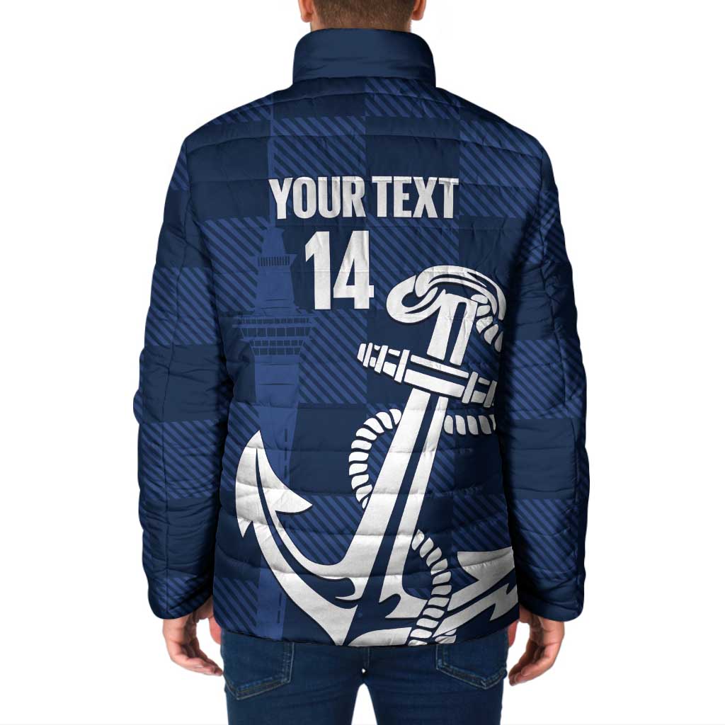 New Zealand Auckland Football Custom Padded Jacket Navy Blue City Anchor Sky Tower Symbol - Polynesian Pride