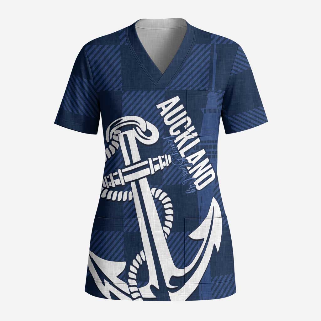 New Zealand Auckland Football Custom Scrub Top Navy Blue City Anchor Sky Tower Symbol - Polynesian Pride