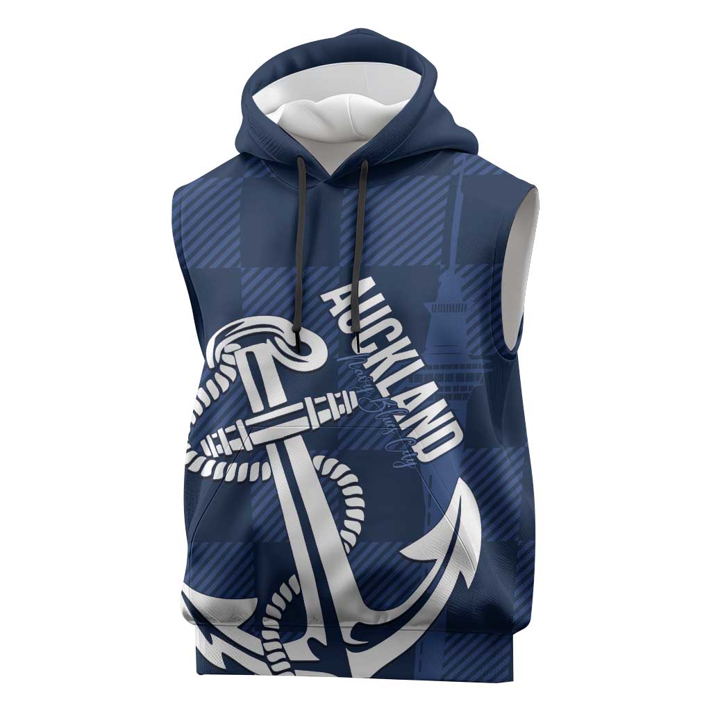 New Zealand Auckland Football Custom Sleeveless Hoodie Navy Blue City Anchor Sky Tower Symbol - Polynesian Pride