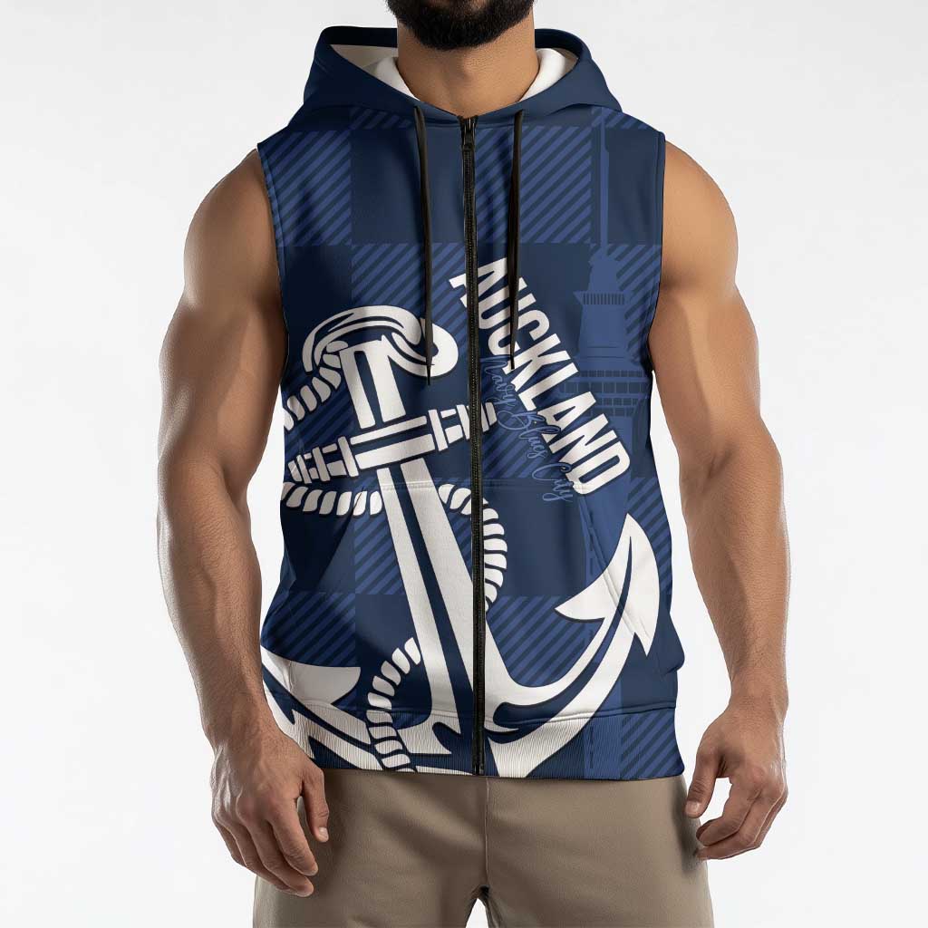 New Zealand Auckland Football Custom Sleeveless Zip Hoodie Navy Blue City Anchor Sky Tower Symbol - Polynesian Pride