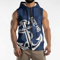 New Zealand Auckland Football Custom Sleeveless Zip Hoodie Navy Blue City Anchor Sky Tower Symbol - Polynesian Pride