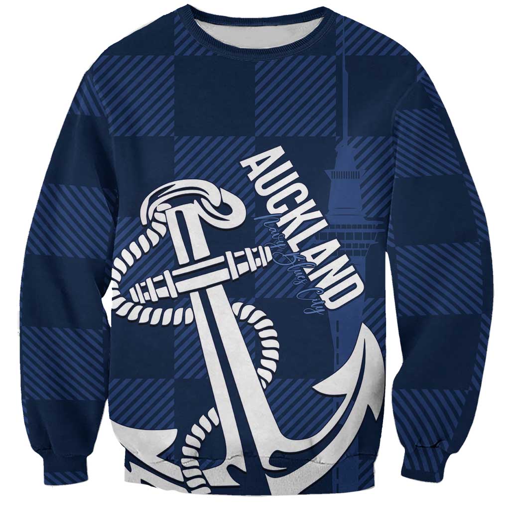 New Zealand Auckland Football Custom Sweatshirt Navy Blue City Anchor Sky Tower Symbol - Polynesian Pride