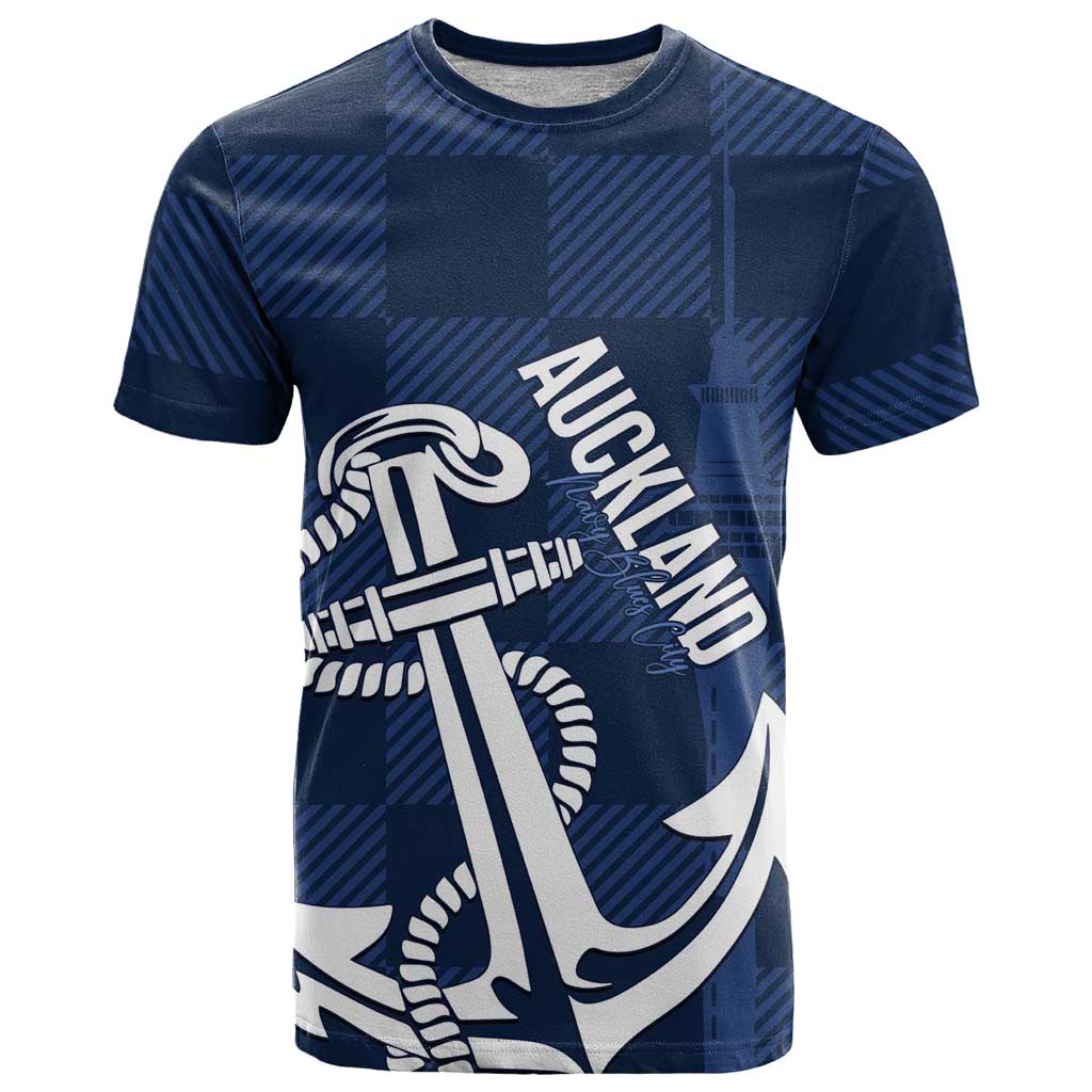 New Zealand Auckland Football Custom T Shirt Navy Blue City Anchor Sky Tower Symbol - Polynesian Pride