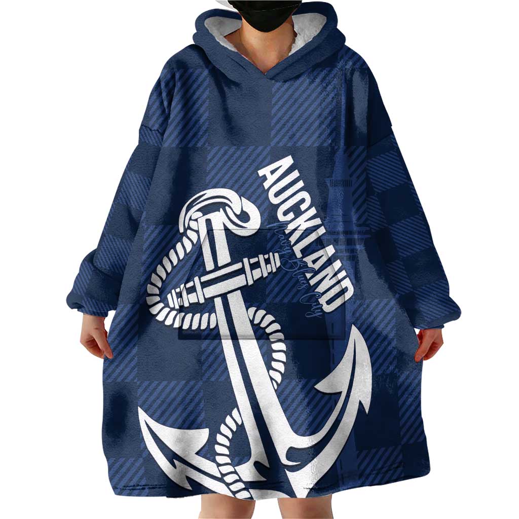 New Zealand Auckland Football Custom Wearable Blanket Hoodie Navy Blue City Anchor Sky Tower Symbol - Polynesian Pride