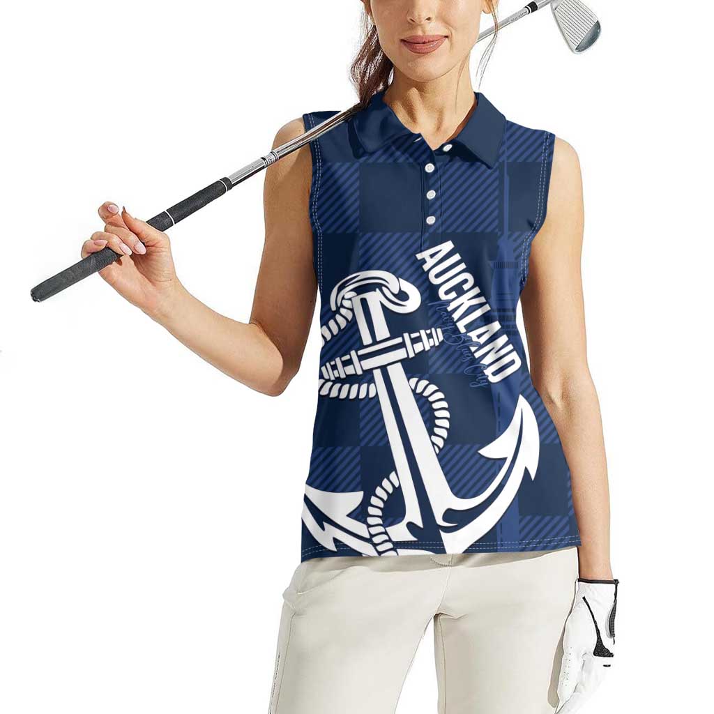 New Zealand Auckland Football Custom Women Sleeveless Polo Shirt Navy Blue City Anchor Sky Tower Symbol - Polynesian Pride