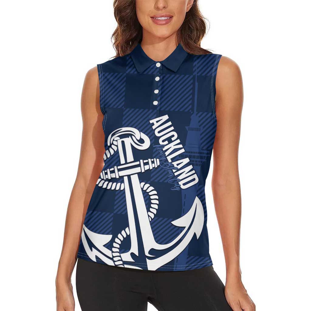 New Zealand Auckland Football Custom Women Sleeveless Polo Shirt Navy Blue City Anchor Sky Tower Symbol - Polynesian Pride