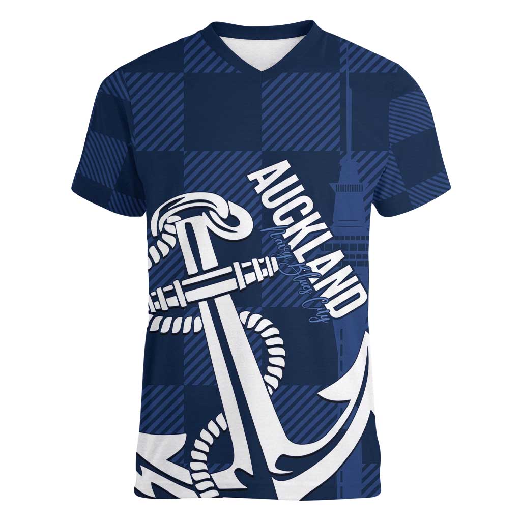 New Zealand Auckland Football Custom Women V-Neck T-Shirt Navy Blue City Anchor Sky Tower Symbol - Polynesian Pride