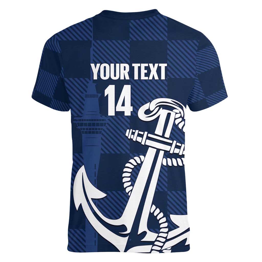 New Zealand Auckland Football Custom Women V-Neck T-Shirt Navy Blue City Anchor Sky Tower Symbol - Polynesian Pride