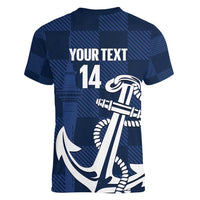 New Zealand Auckland Football Custom Women V-Neck T-Shirt Navy Blue City Anchor Sky Tower Symbol - Polynesian Pride