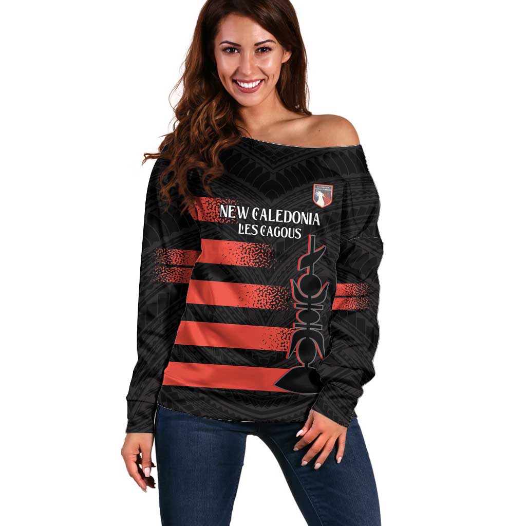 Custom New Caledonia Football Off Shoulder Sweater Allez Les Cagous Polynesian Pattern LT14 Women Black - Polynesian Pride