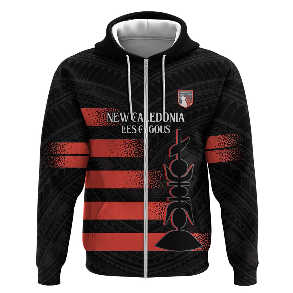 Custom New Caledonia Football Zip Hoodie Allez Les Cagous Polynesian Pattern LT14 Zip Hoodie Black - Polynesian Pride
