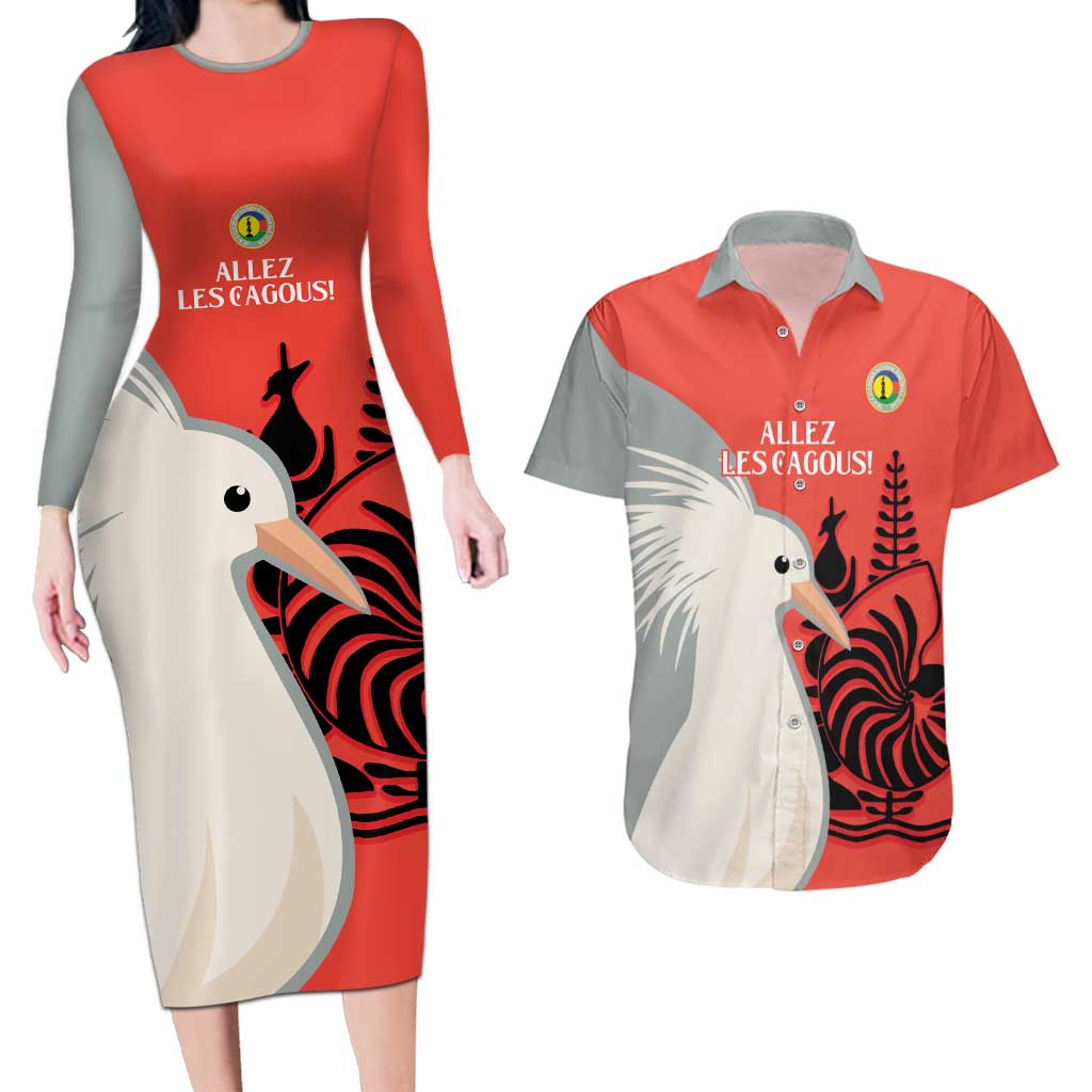 Custom Nouvelle-Caledonie Football Couples Matching Long Sleeve Bodycon Dress and Hawaiian Shirt Allez Les Cagous Simple Style