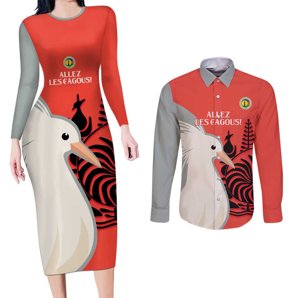 Custom Nouvelle-Caledonie Football Couples Matching Long Sleeve Bodycon Dress and Long Sleeve Button Shirt Allez Les Cagous Simple Style