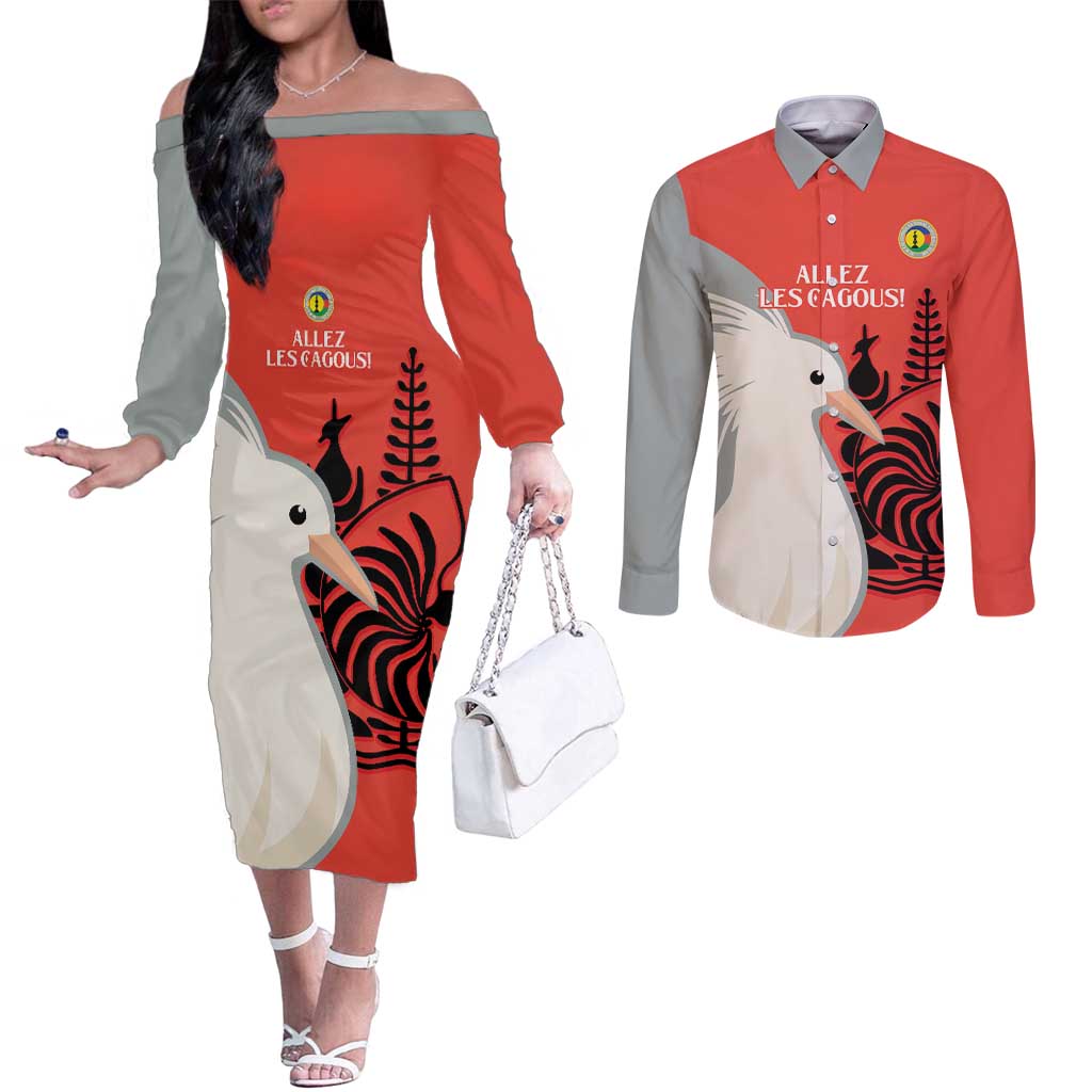Custom Nouvelle-Caledonie Football Couples Matching Off The Shoulder Long Sleeve Dress and Long Sleeve Button Shirt Allez Les Cagous Simple Style