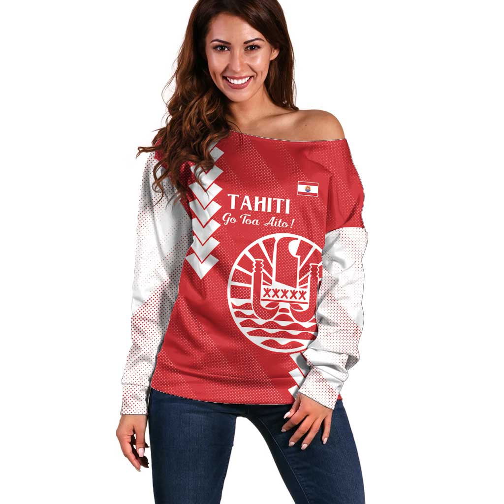 Custom Tahiti Football Off Shoulder Sweater Go Toa Aito LT14 Women Red - Polynesian Pride