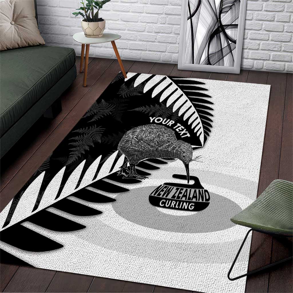 New Zealand Silver Fern Curling Personalised Area Rug Aotearoa Kiwi Ponga Black White Version - Polynesian Pride