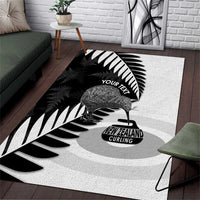 New Zealand Silver Fern Curling Personalised Area Rug Aotearoa Kiwi Ponga Black White Version - Polynesian Pride