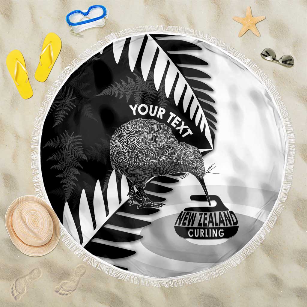 New Zealand Silver Fern Curling Personalised Beach Blanket Aotearoa Kiwi Ponga Black White Version - Polynesian Pride