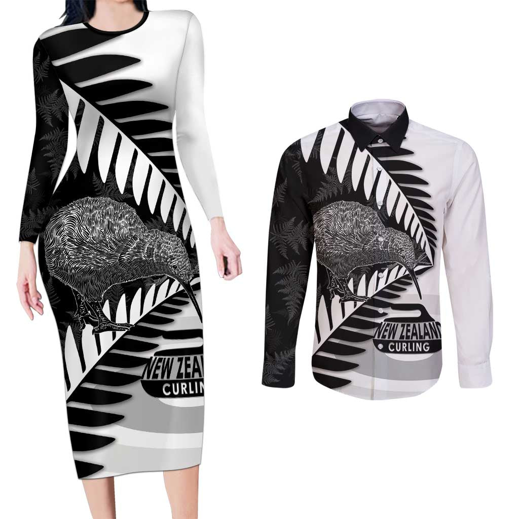New Zealand Silver Fern Curling Personalised Couples Matching Long Sleeve Bodycon Dress and Long Sleeve Button Shirt Aotearoa Kiwi Ponga Black White Version - Polynesian Pride