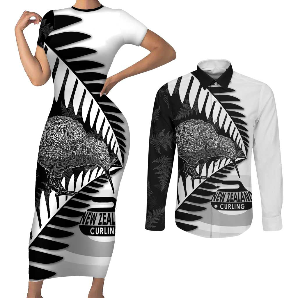 New Zealand Silver Fern Curling Personalised Couples Matching Short Sleeve Bodycon Dress and Long Sleeve Button Shirt Aotearoa Kiwi Ponga Black White Version - Polynesian Pride