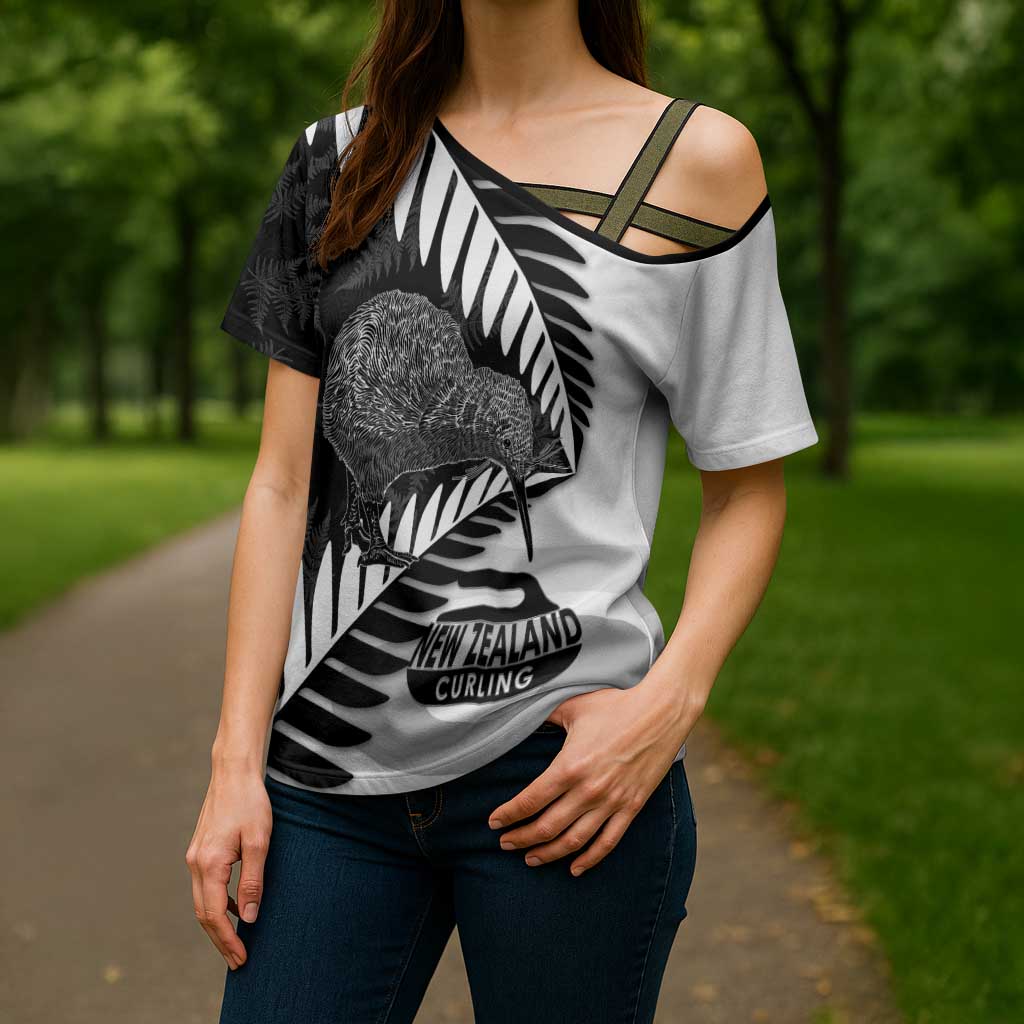 New Zealand Silver Fern Curling Personalised Cross Shoulder Shirt Aotearoa Kiwi Ponga Black White Version LT14 - Polynesian Pride