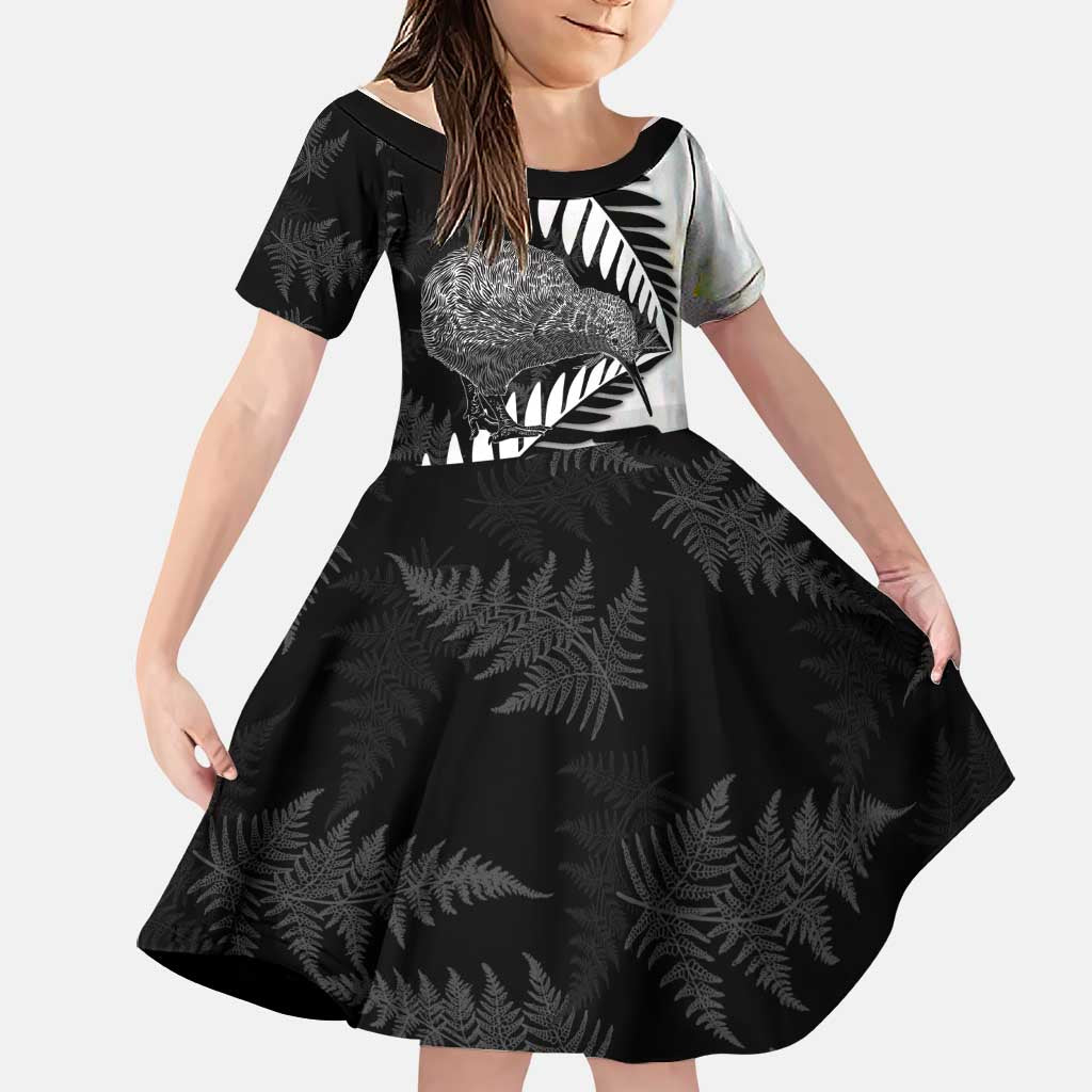New Zealand Silver Fern Curling Personalised Family Matching Off Shoulder Short Dress and Hawaiian Shirt Aotearoa Kiwi Ponga Black White Version LT14 Daughter's Dress Black - Polynesian Pride