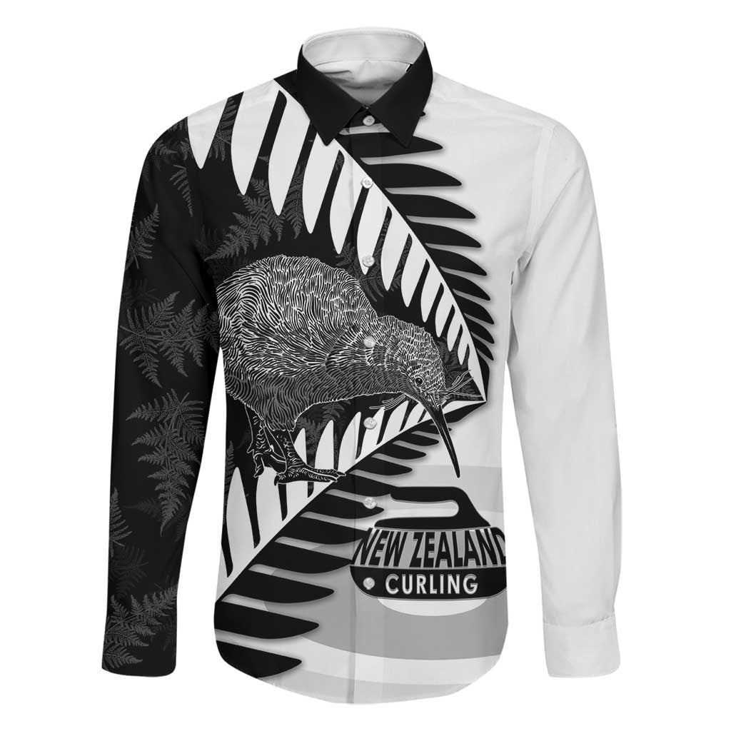 New Zealand Silver Fern Curling Personalised Family Matching Puletasi and Hawaiian Shirt Aotearoa Kiwi Ponga Black White Version LT14 Dad's Shirt - Long Sleeve Black - Polynesian Pride