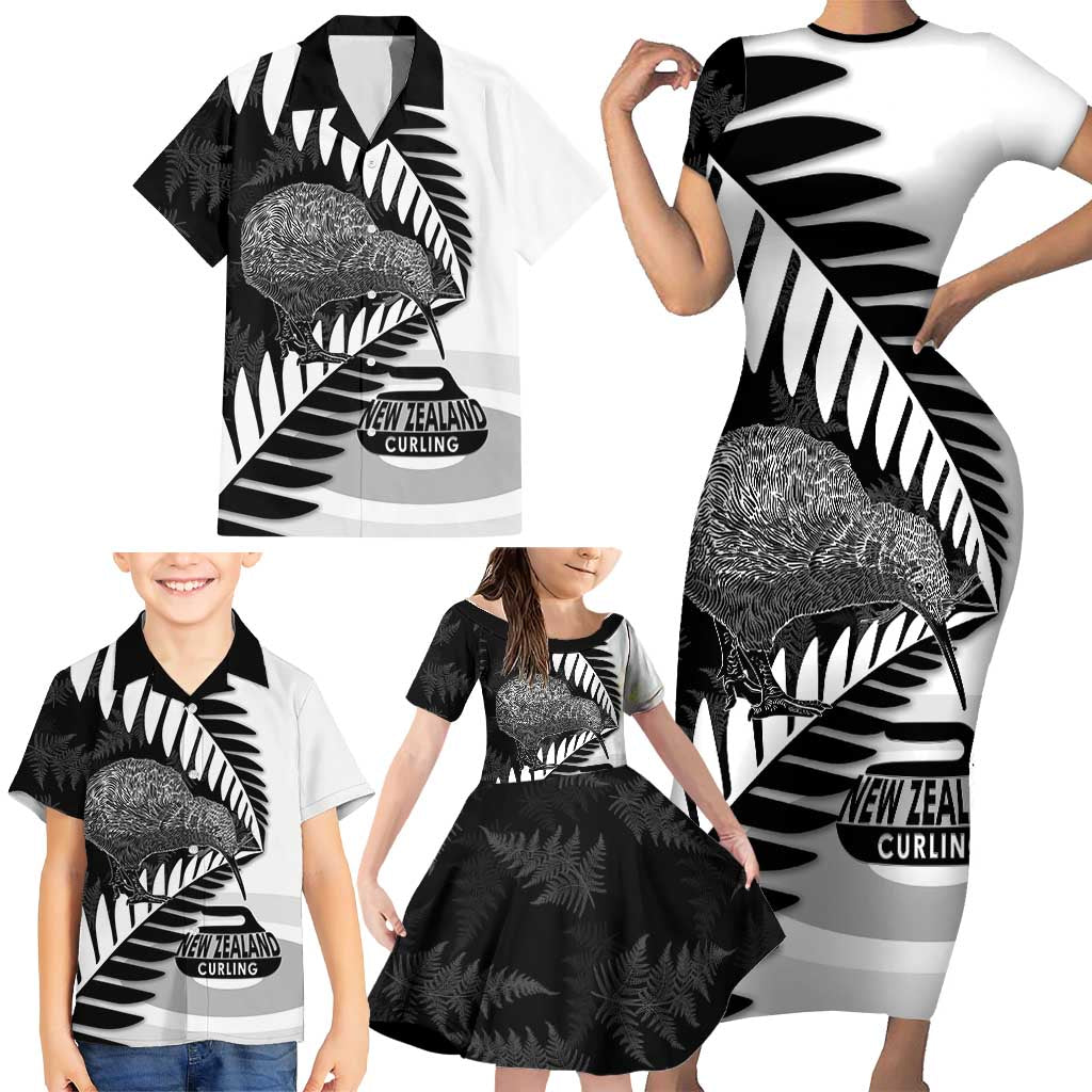 New Zealand Silver Fern Curling Personalised Family Matching Short Sleeve Bodycon Dress and Hawaiian Shirt Aotearoa Kiwi Ponga Black White Version - Polynesian Pride