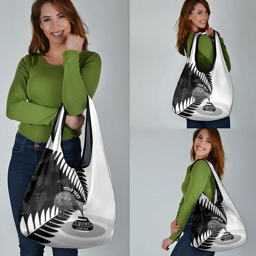New Zealand Silver Fern Curling Personalised Grocery Bag Aotearoa Kiwi Ponga Black White Version - Polynesian Pride