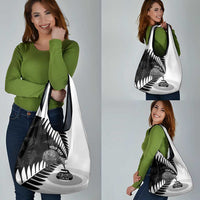 New Zealand Silver Fern Curling Personalised Grocery Bag Aotearoa Kiwi Ponga Black White Version - Polynesian Pride