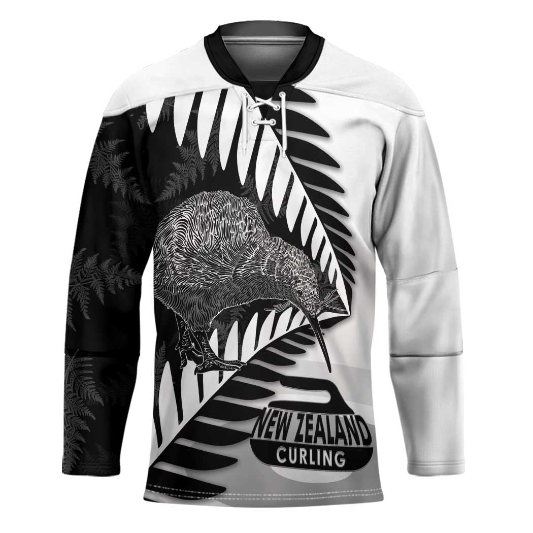 New Zealand Silver Fern Curling Personalised Hockey Jersey Aotearoa Kiwi Ponga Black White Version - Polynesian Pride
