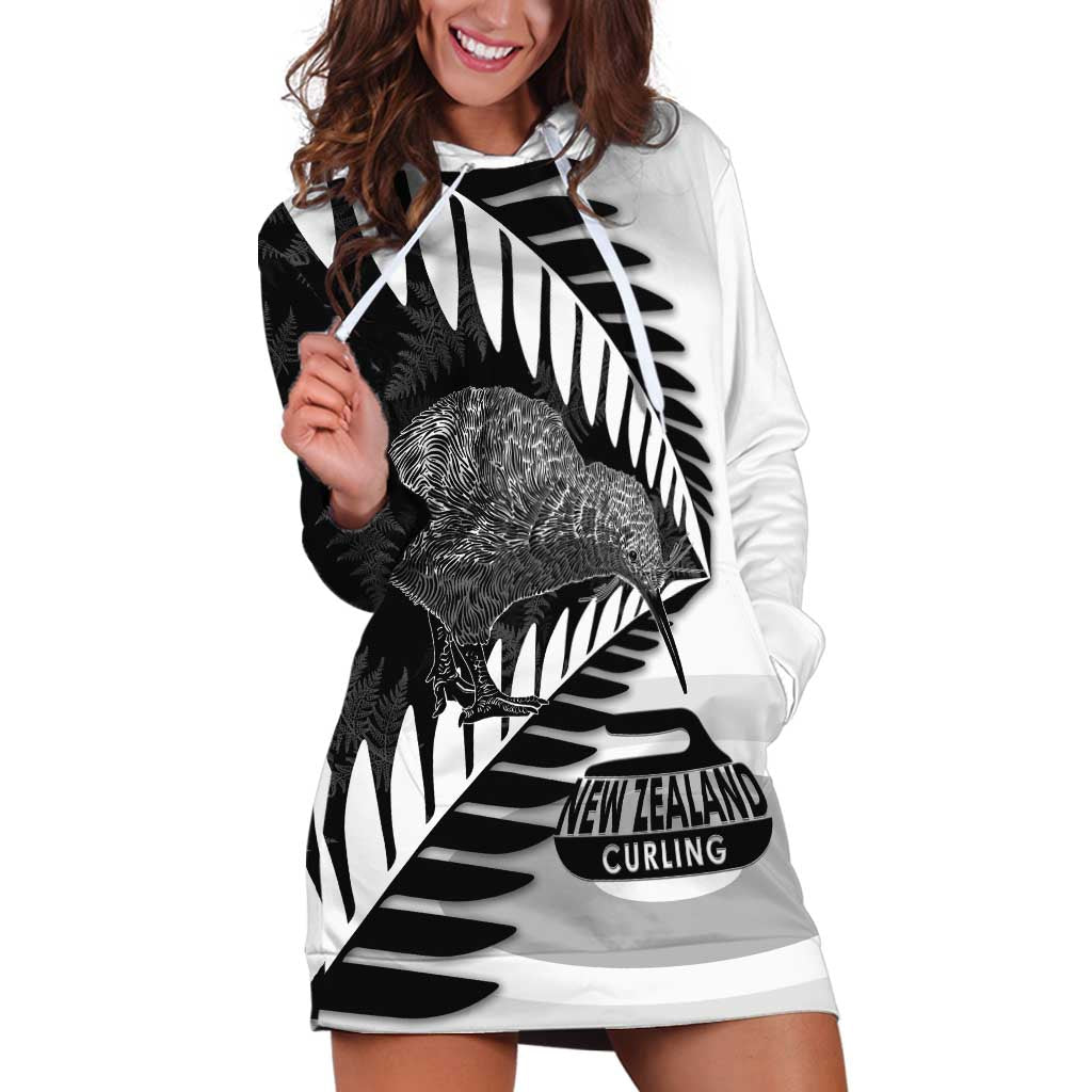 New Zealand Silver Fern Curling Personalised Hoodie Dress Aotearoa Kiwi Ponga Black White Version - Polynesian Pride