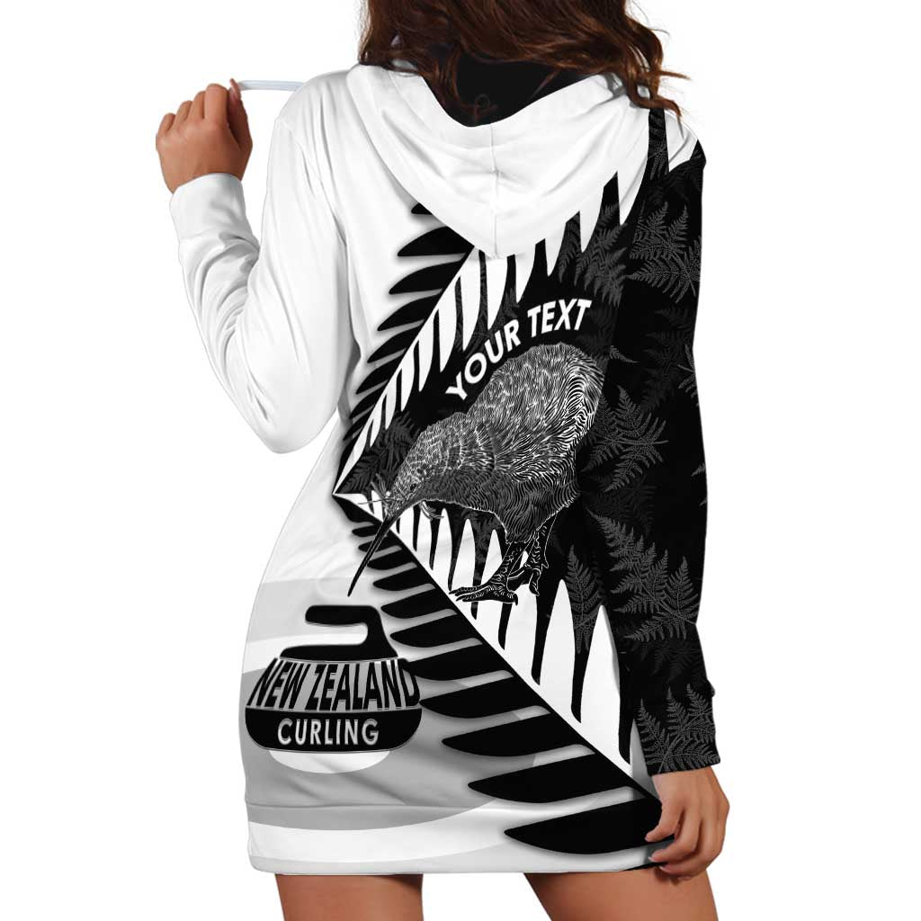 New Zealand Silver Fern Curling Personalised Hoodie Dress Aotearoa Kiwi Ponga Black White Version - Polynesian Pride