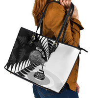 New Zealand Silver Fern Curling Personalised Leather Tote Bag Aotearoa Kiwi Ponga Black White Version - Polynesian Pride