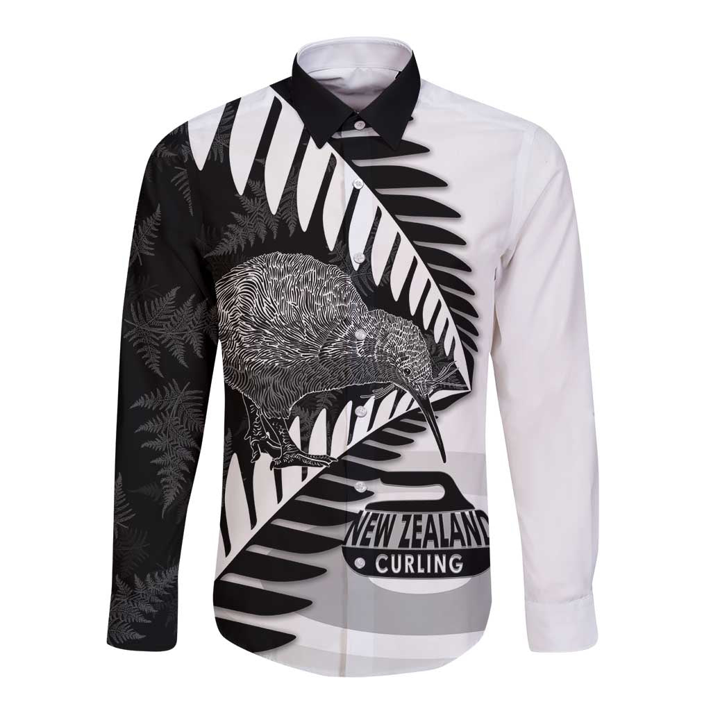 New Zealand Silver Fern Curling Personalised Long Sleeve Button Shirt Aotearoa Kiwi Ponga Black White Version - Polynesian Pride