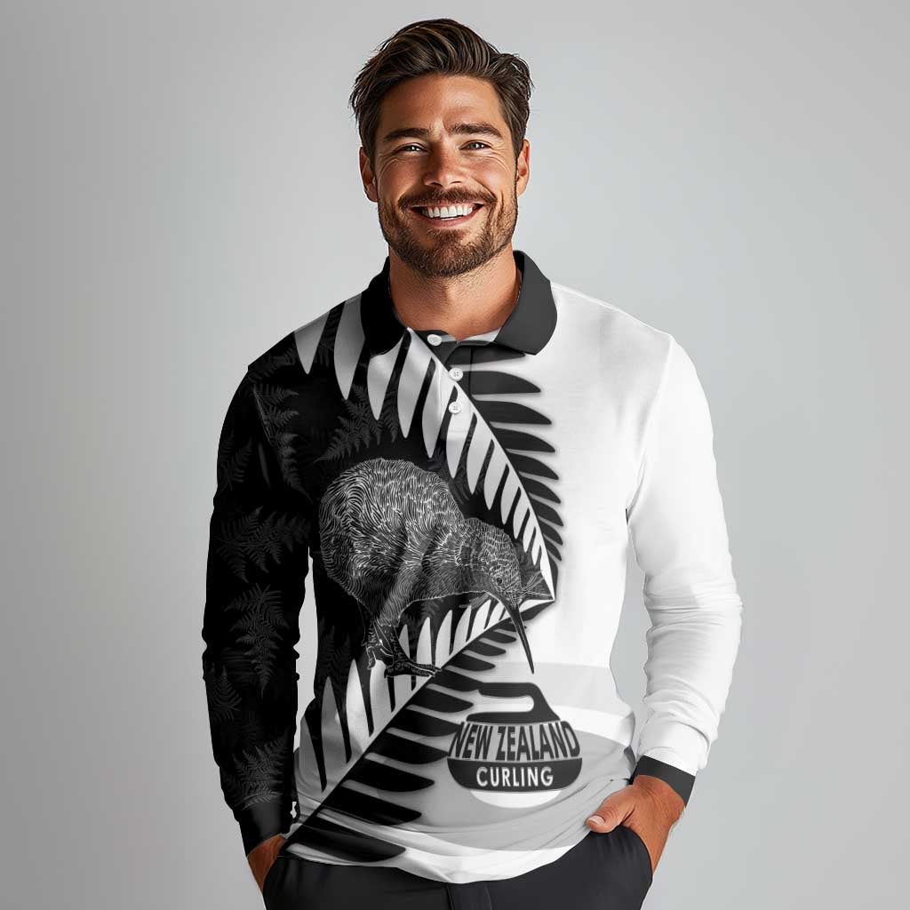 New Zealand Silver Fern Curling Personalised Long Sleeve Polo Shirt Aotearoa Kiwi Ponga Black White Version - Polynesian Pride