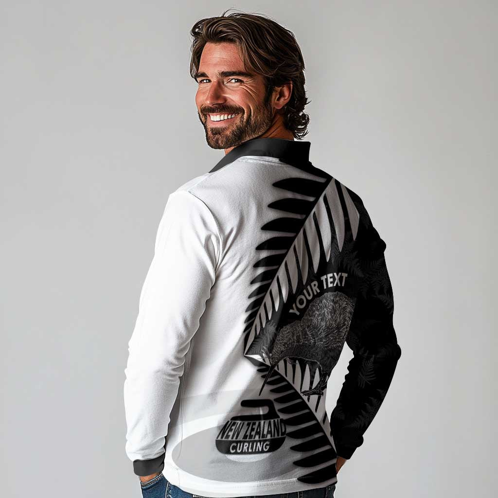 New Zealand Silver Fern Curling Personalised Long Sleeve Polo Shirt Aotearoa Kiwi Ponga Black White Version - Polynesian Pride