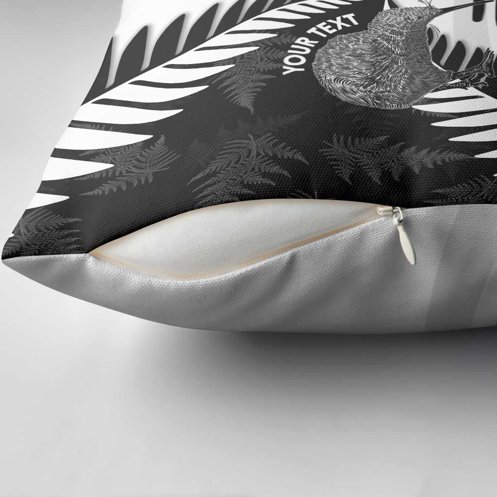 New Zealand Silver Fern Curling Personalised Pillow Cover Aotearoa Kiwi Ponga Black White Version - Polynesian Pride