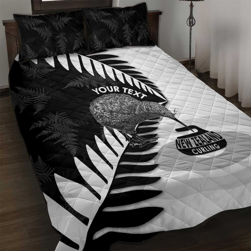 New Zealand Silver Fern Curling Personalised Quilt Bed Set Aotearoa Kiwi Ponga Black White Version - Polynesian Pride