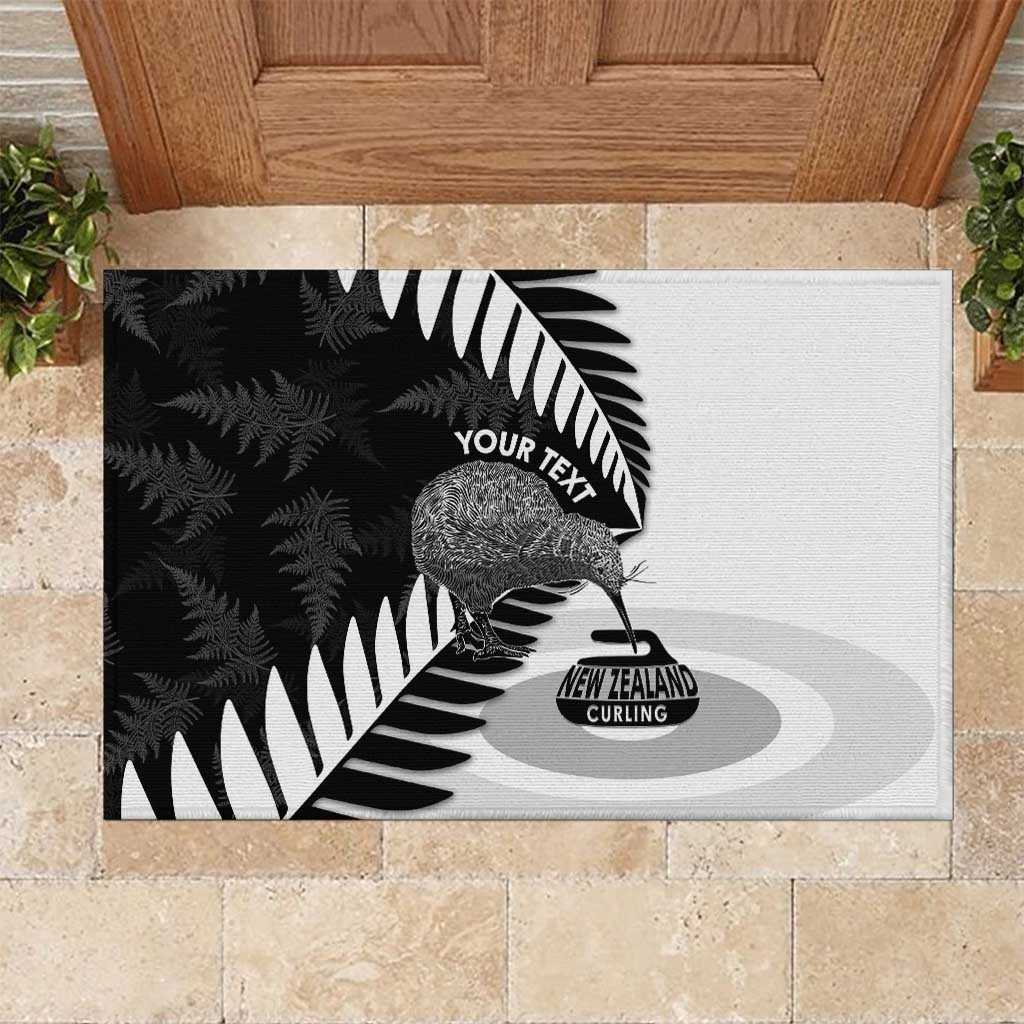 New Zealand Silver Fern Curling Personalised Rubber Doormat Aotearoa Kiwi Ponga Black White Version - Polynesian Pride
