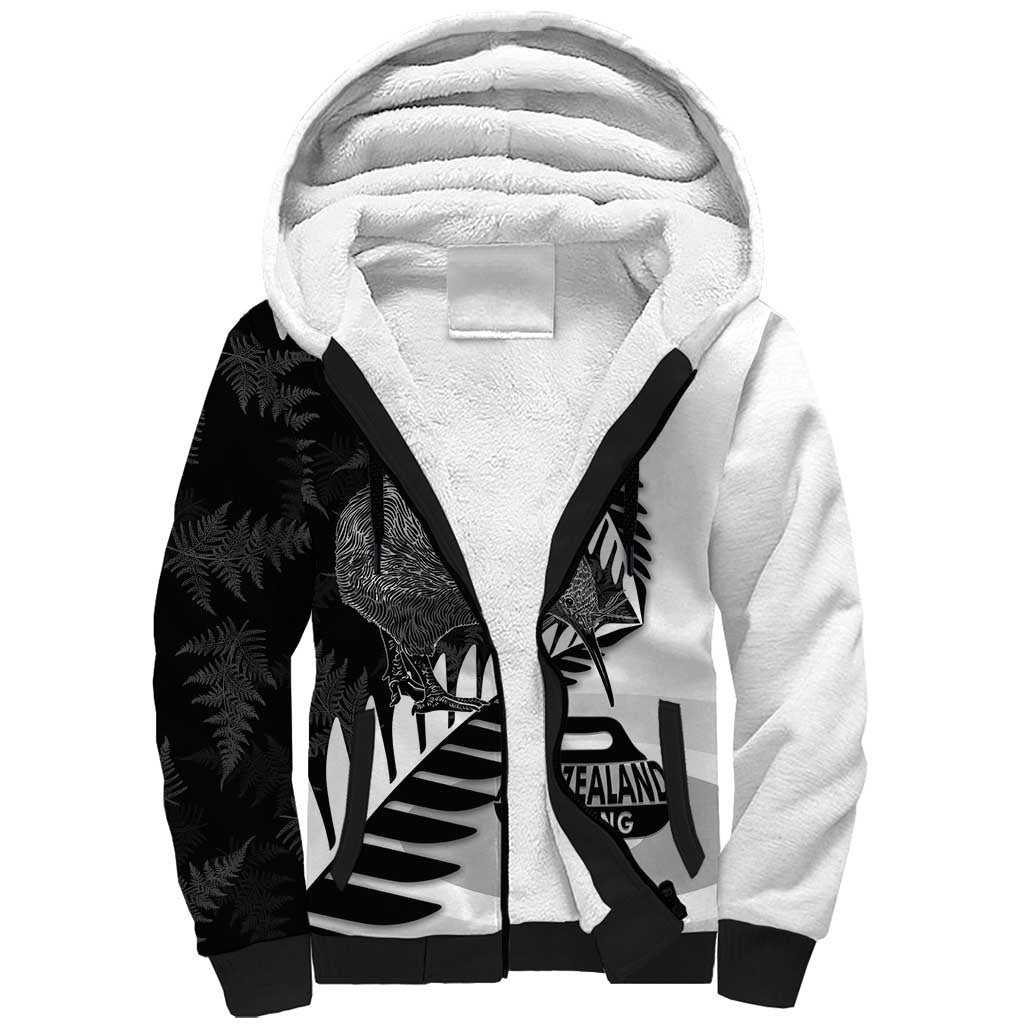 New Zealand Silver Fern Curling Personalised Sherpa Hoodie Aotearoa Kiwi Ponga Black White Version - Polynesian Pride