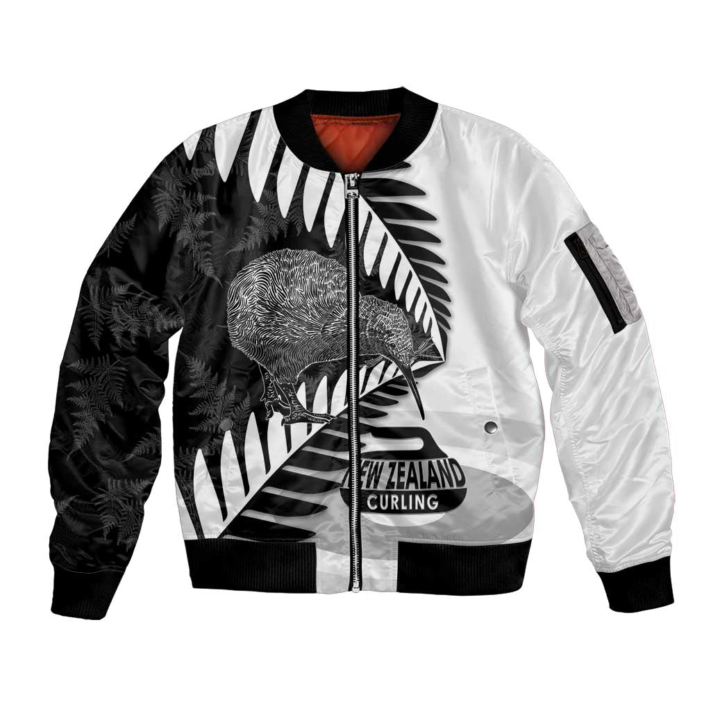 New Zealand Silver Fern Curling Personalised Sleeve Zip Bomber Jacket Aotearoa Kiwi Ponga Black White Version - Polynesian Pride