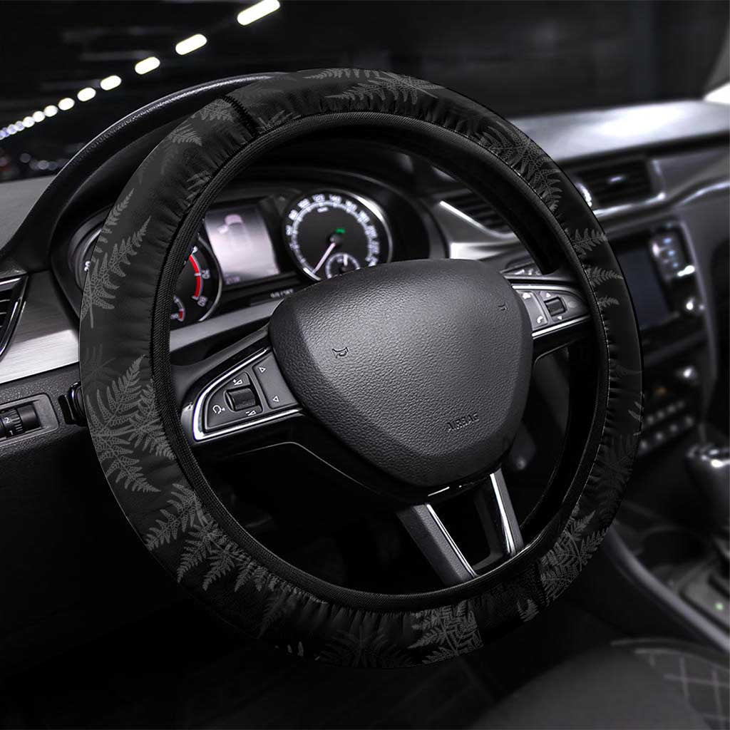 New Zealand Silver Fern Curling Steering Wheel Cover Aotearoa Kiwi Ponga Black White Version - Polynesian Pride