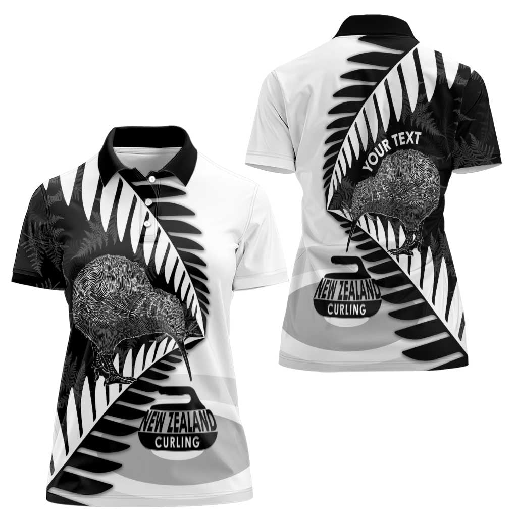 New Zealand Silver Fern Curling Personalised Women Polo Shirt Aotearoa Kiwi Ponga Black White Version - Polynesian Pride