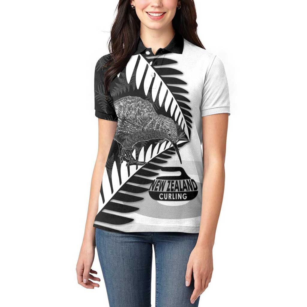 New Zealand Silver Fern Curling Personalised Women Polo Shirt Aotearoa Kiwi Ponga Black White Version - Polynesian Pride