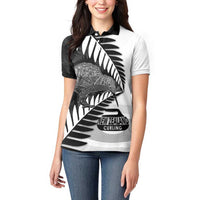 New Zealand Silver Fern Curling Personalised Women Polo Shirt Aotearoa Kiwi Ponga Black White Version - Polynesian Pride