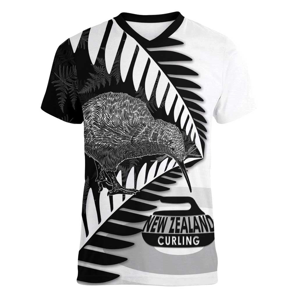 New Zealand Silver Fern Curling Personalised Women V-Neck T-Shirt Aotearoa Kiwi Ponga Black White Version - Polynesian Pride